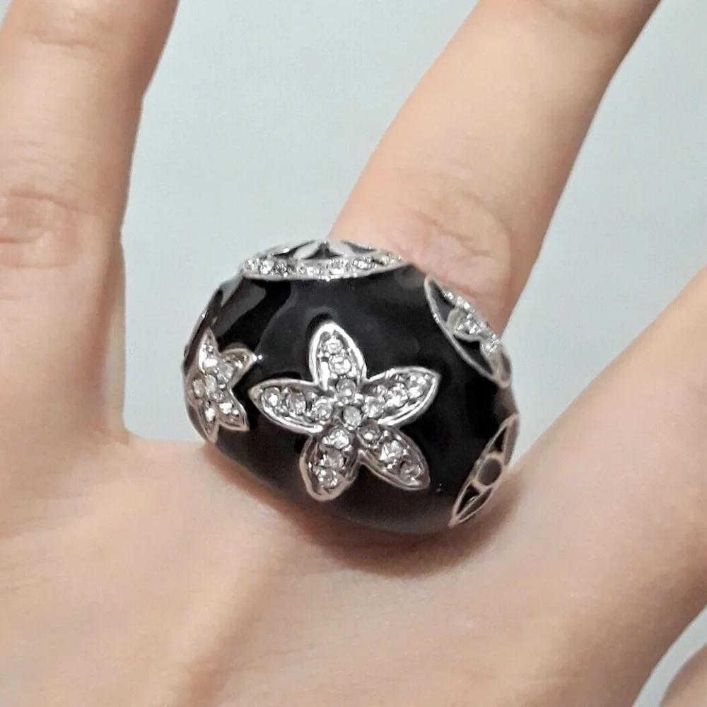 Chunky Black Enamel & Silver Tone Crystal Ring with‎ Design